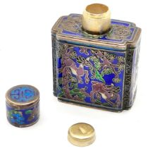 Chinese miniature silver marked snuff bottle with finely worked cloisonne detail - 4cm high & 32g