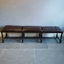 Antique ebonised window seat with 3 drop in leather upholstered seats, 200 cm length, 46 cm deep, 46