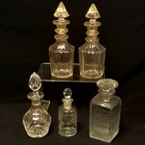 Pair of antique small decanters with etched decoration 23cm high - both have damaged stoppers T/W