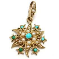 Antique 15ct marked gold pearl & turquoise set pendant - 2.5cm drop & 1.6g total weight ~ 1