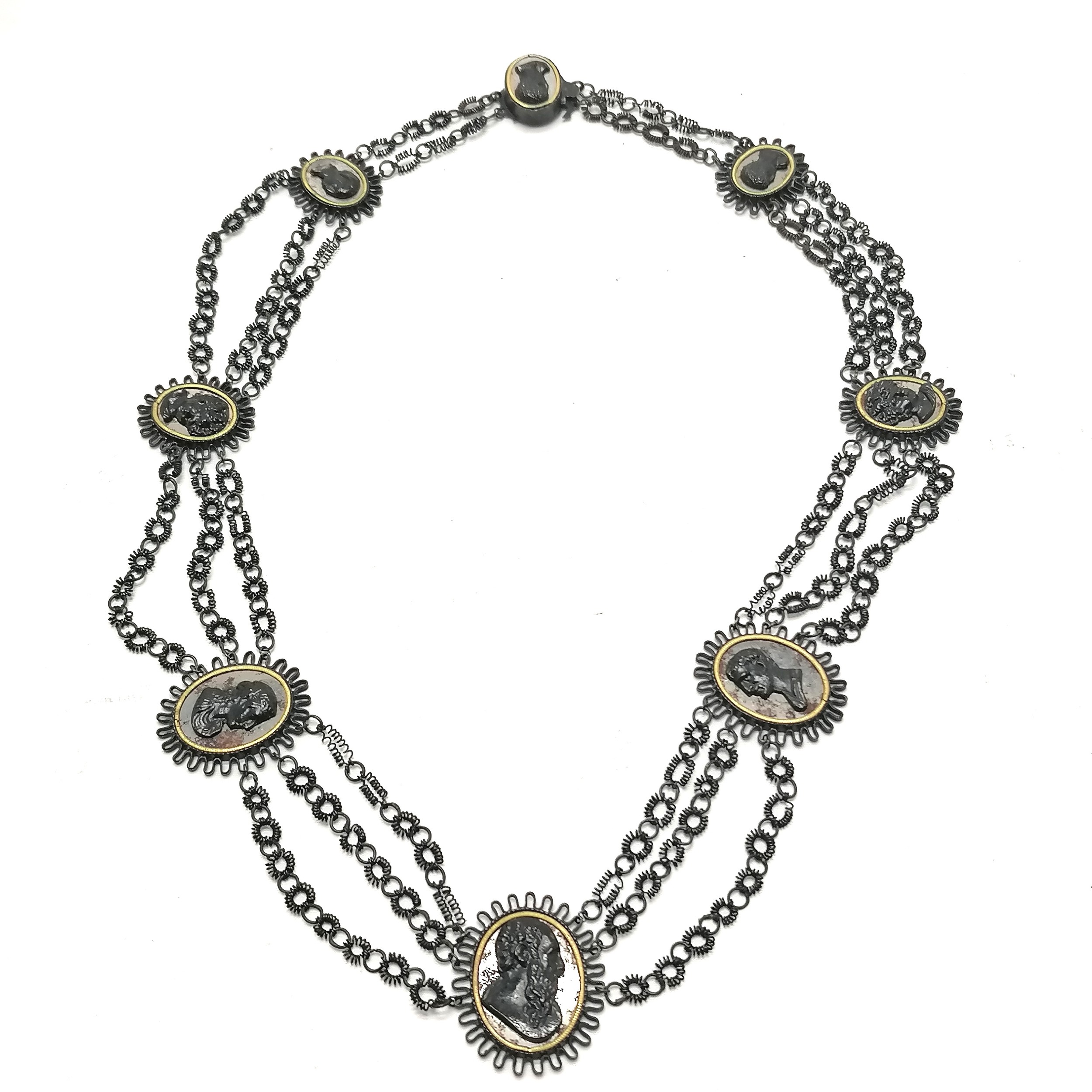 Antique Georgian Grand Tour japanned steel cameo panelled necklace with triple strand design in - Image 8 of 9