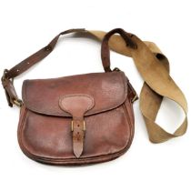 Antique small leather hunting/fishing bag with canvas and leather strap 23cm across x19cm high x 6cm