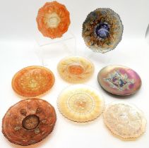 Collection of assorted Carnival glass plates, 1 decorated with a Peacock, another with horses