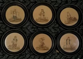 Regency set of 6 circular Cries Of London prints in original frames 18cm diameter - discolouration