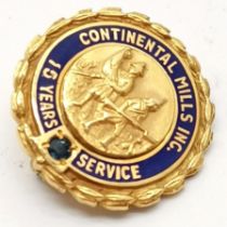 Continental Mills Inc 14ct marked gold 15 years service stone set badge - 1.5cm diameter & 3.3g