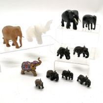 Qty of elephant figures inc hand carved ebony, onyx (8cm total height), sandalwood etc - some a/f