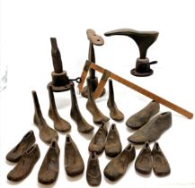 Qty of antique cobblers cast iron shoe lasts with 3 bases t/w original shoe / foot measurer by Aston