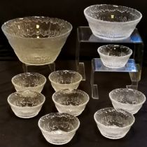 iittala Padaar Ice glass suite of bowls, 1 large 25 cm diameter, 1 medium, & 8 small, Made in