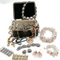 Qty of costume jewellery inc Askew silver tone clip-on earrings + bracelet, Limoges panel pendant (