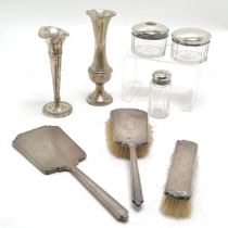 Qty of silver comprising 3 x glass jars, 2 x spill vases (tallest 18cm) & a 3-piece dressing table