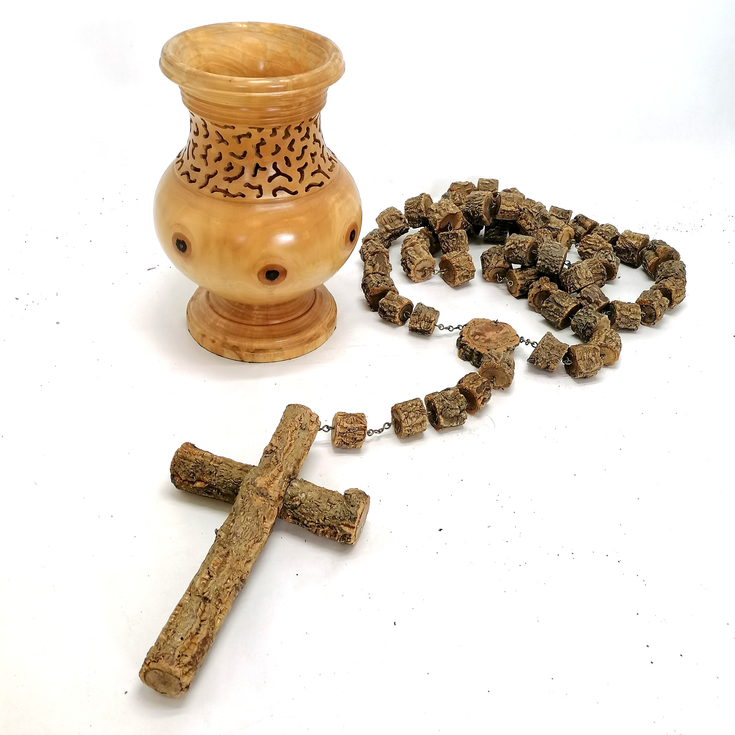 Very large wooden rosary - chain 220cm long & drop to bottom of cross 60cm t/w turned wooden vase