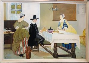 Large framed 1969 painting on board of an Elizabethan scene signed J Holden - frame 90.5cm x 128.5cm