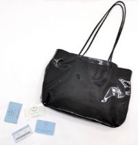 Prada black patent leather handbag with lace straps - 38cm x 28cm & has original 1995 authenticity