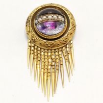 Antique unmarked 15ct gold brooch set with cabochon foil backed rock crystal & seed pearl & etruscan