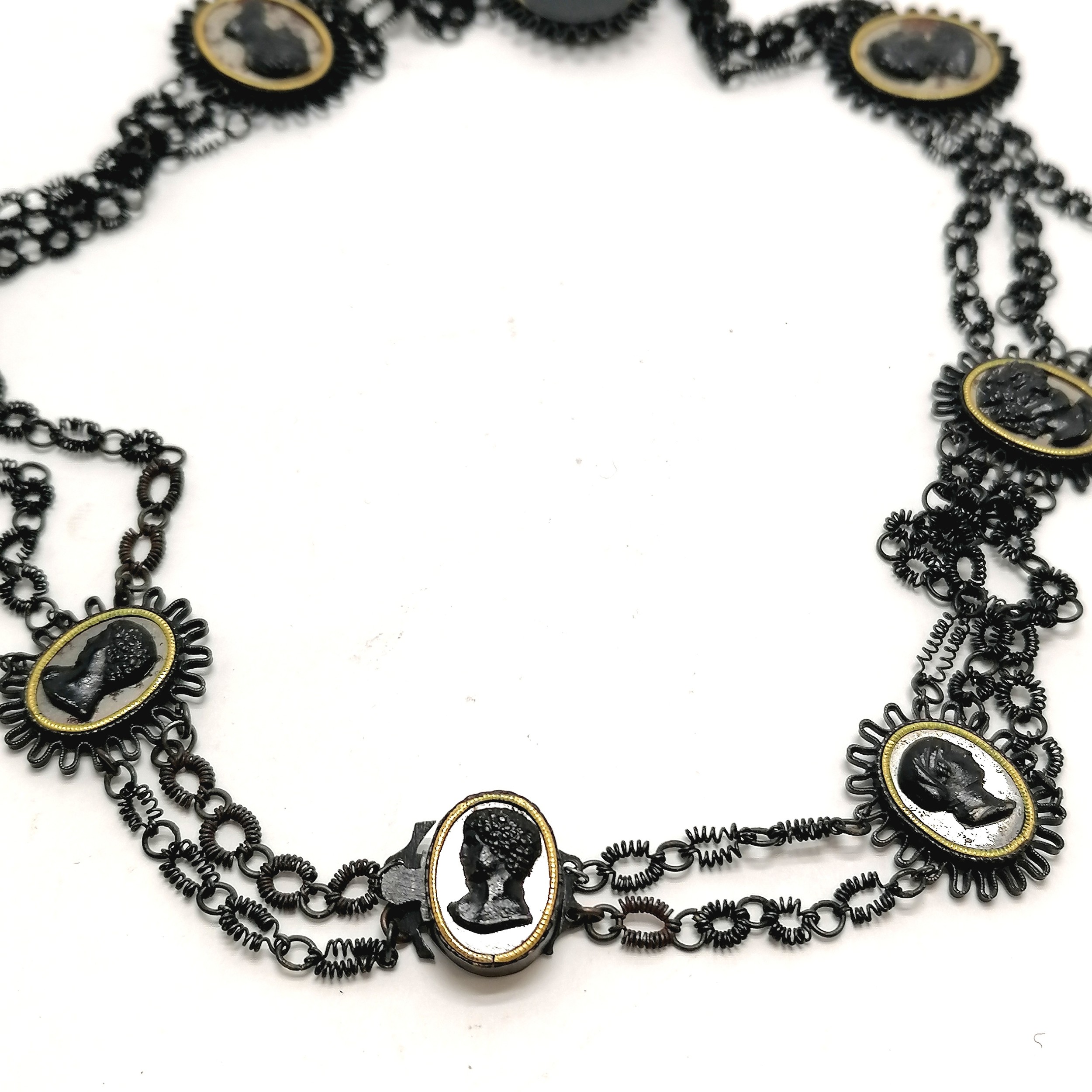 Antique Georgian Grand Tour japanned steel cameo panelled necklace with triple strand design in - Image 3 of 9