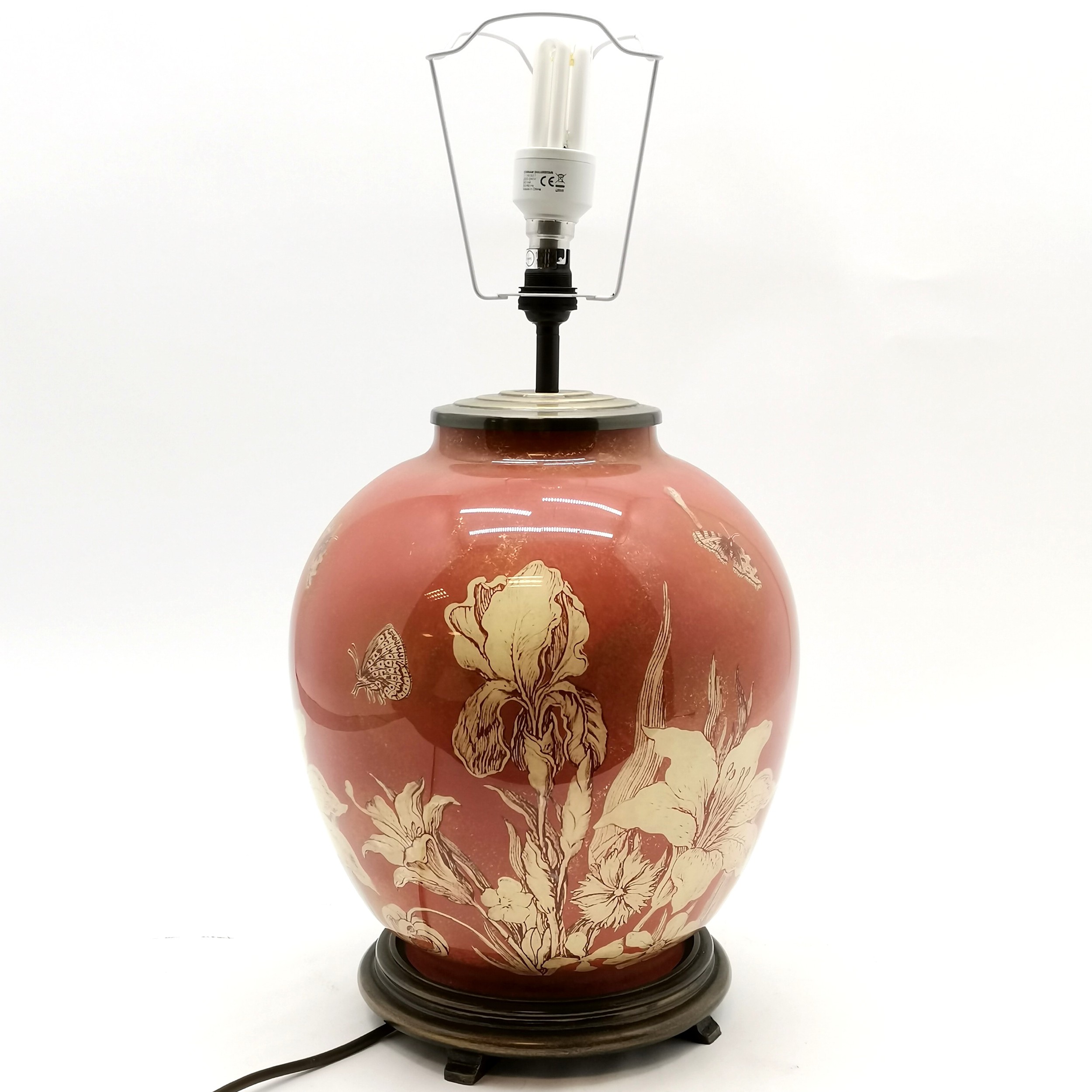 Contemporary floral decorated rust ground lamp complete with shade, lamp base, 44 cm high, good used - Image 3 of 3