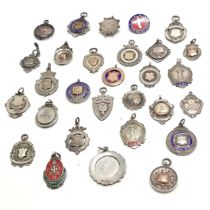 29 x silver fobs (inc unmarked gold detail & enamel) - dancing, choir, tug of war, coin brooch,