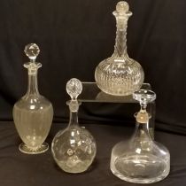 Edwardian etched sherry decanter, 32 cm high stopper a/f, Dartington glass decanter, and 2 others