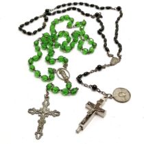 2 x rosaries inc green glass beads & 1 with reliquary (60cm long + 17cm crucifix drop)