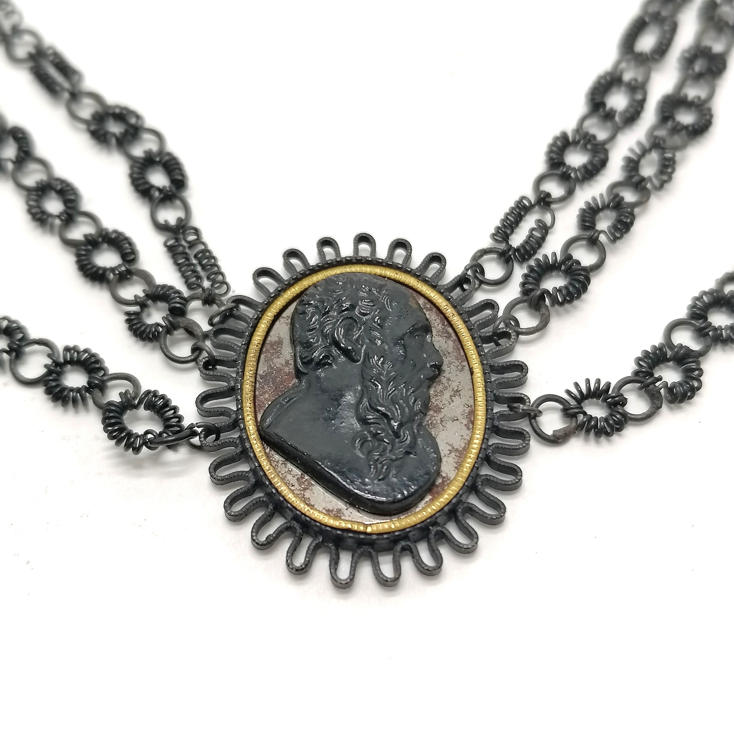 Antique Georgian Grand Tour japanned steel cameo panelled necklace with triple strand design in - Image 7 of 9