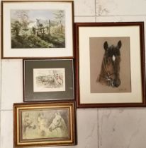 Pastel portrait of a horse, and 2 other pictures.