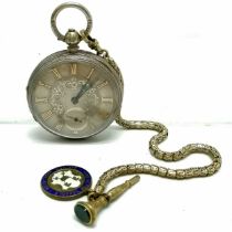 Antique silver cased pocket watch with unmarked gold detail to reverse (52mm) on a fancy link nickel