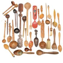 Qty of wooden spoons and ladles longest measuring 51cm. Inc antique hardwood ladle.