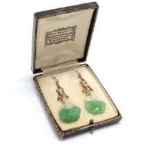 Pair of antique hardstone jade chinese earrings with pearl detail - 5.2cm drop & 11.2g total