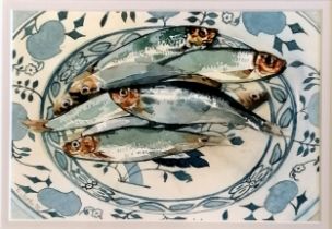 Ronald 'Ron' Cyril Benjamine Jesty (1926-2016) watercolour painting of sprats (1992) - frame 33cm