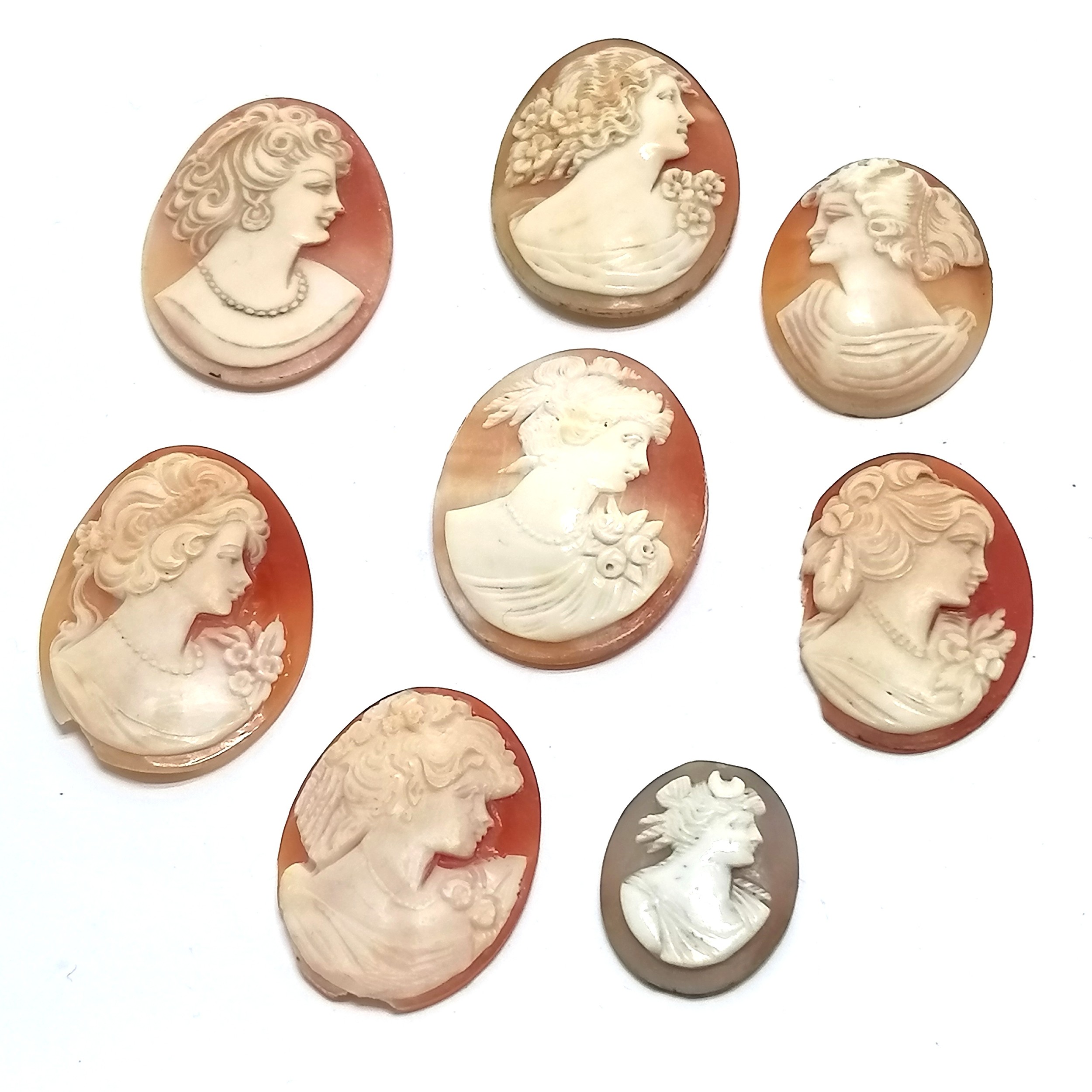 9 x loose hand carved cameo shell portrait panels - largest 4cm & some are a/f