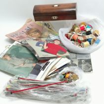 Antique glove box with domed lid (25cm long) t/w qty of vintage needlecraft patterns, cottons etc