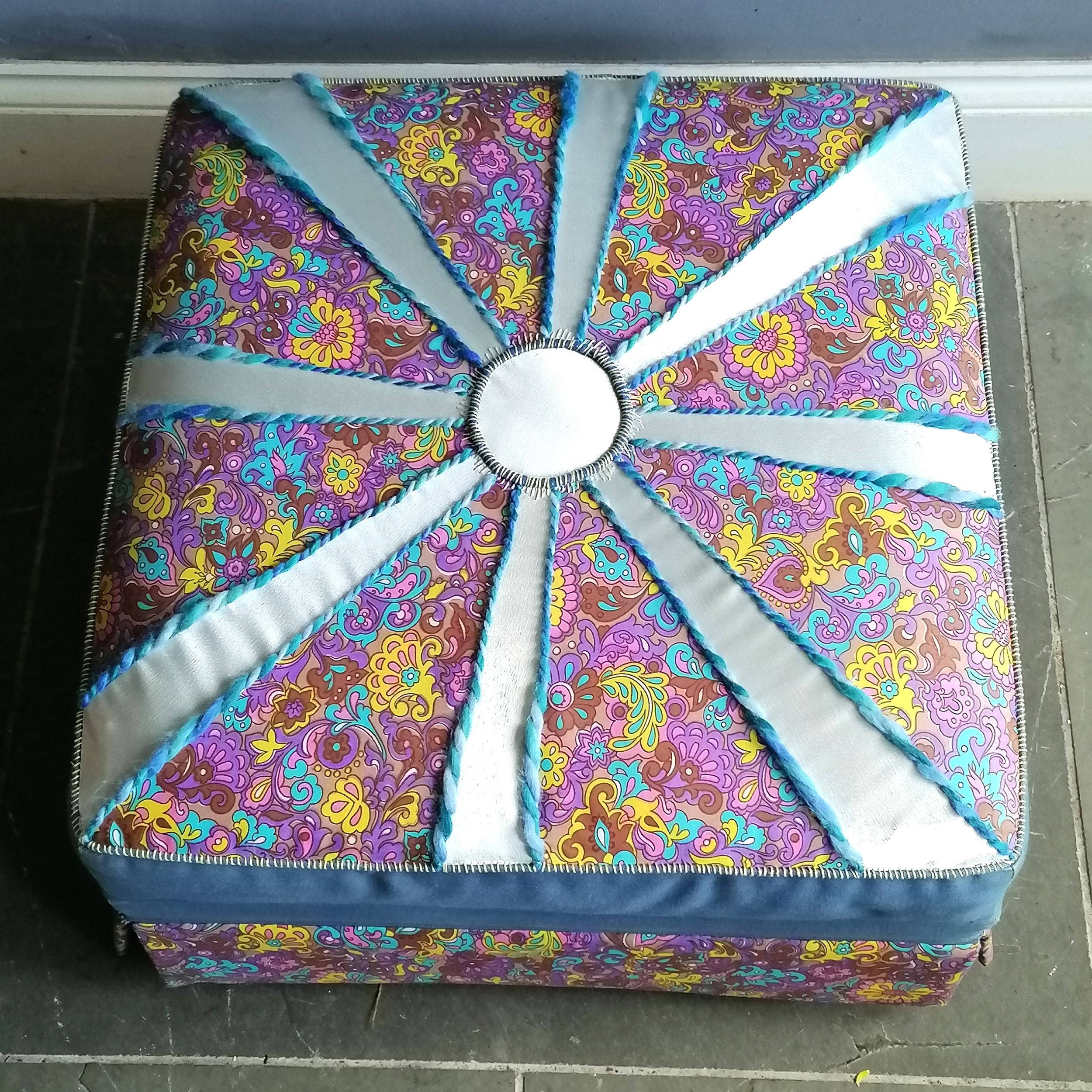 Square vintage upholstered footstool/pouffe 61cm x 61cm x 12cm high - in overall good used condition - Image 2 of 3