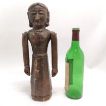 Indian hand carved wooden female doll figure with moving arms - 37cm high & has shrinkage crack &