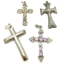 4 x silver crosses inc heavy gauge wood finish (5.5cm), amethyst, marcasite & antique crucifix (