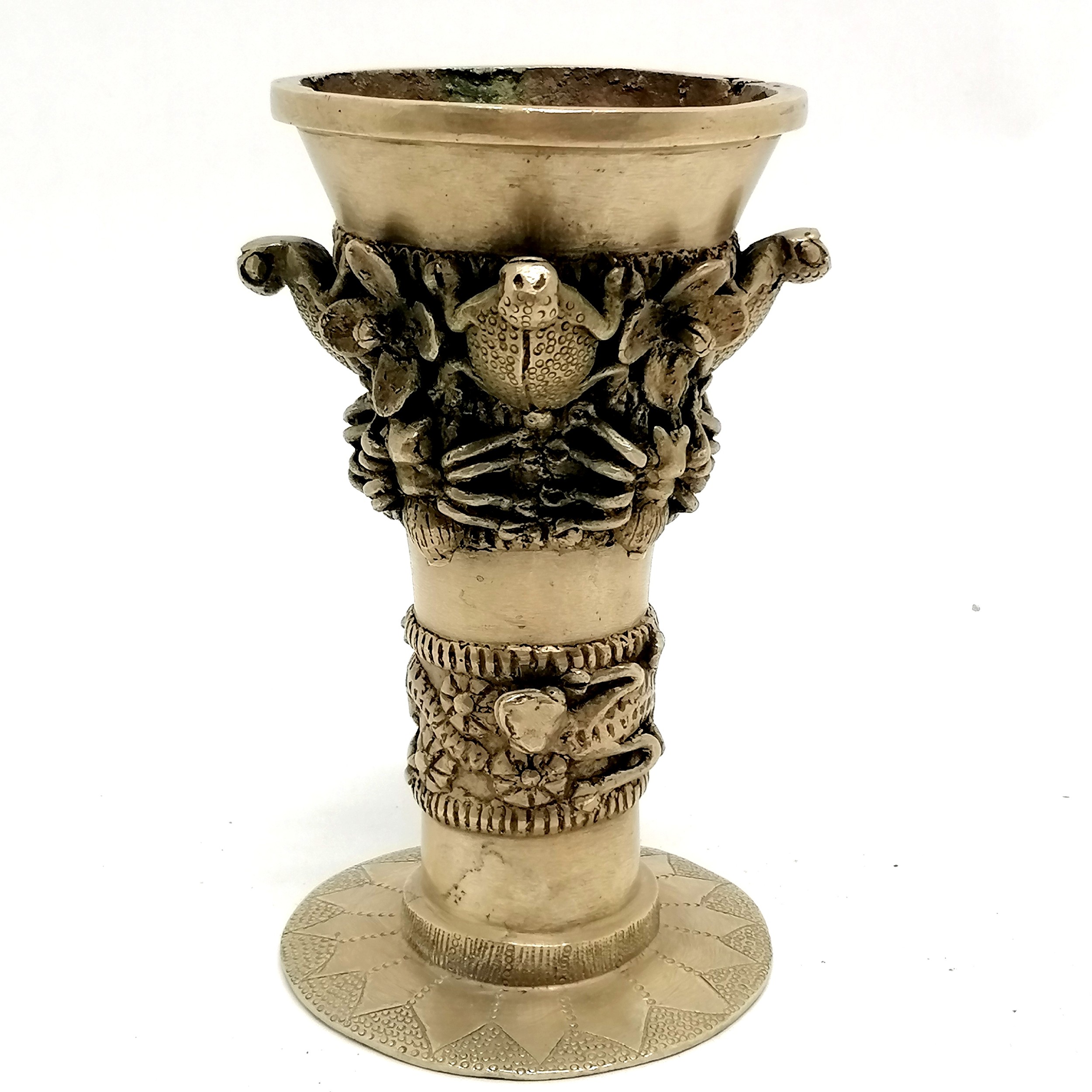 Unusual African bronze chalice with frog / spider / lizard detail in cast relief - 17cm high & 1361g