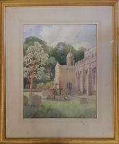 Framed 1947 watercolour painting of a church signed G Dyer - 60cm x 50.5cm