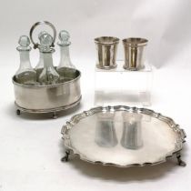 Silver plated salver on 3 feet (26cm diameter), pair of plated beakers & cut glass / silver plated 4