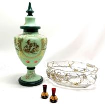 Antique large green urn shaped vase with cover with applied enamel detail, antique French gilded