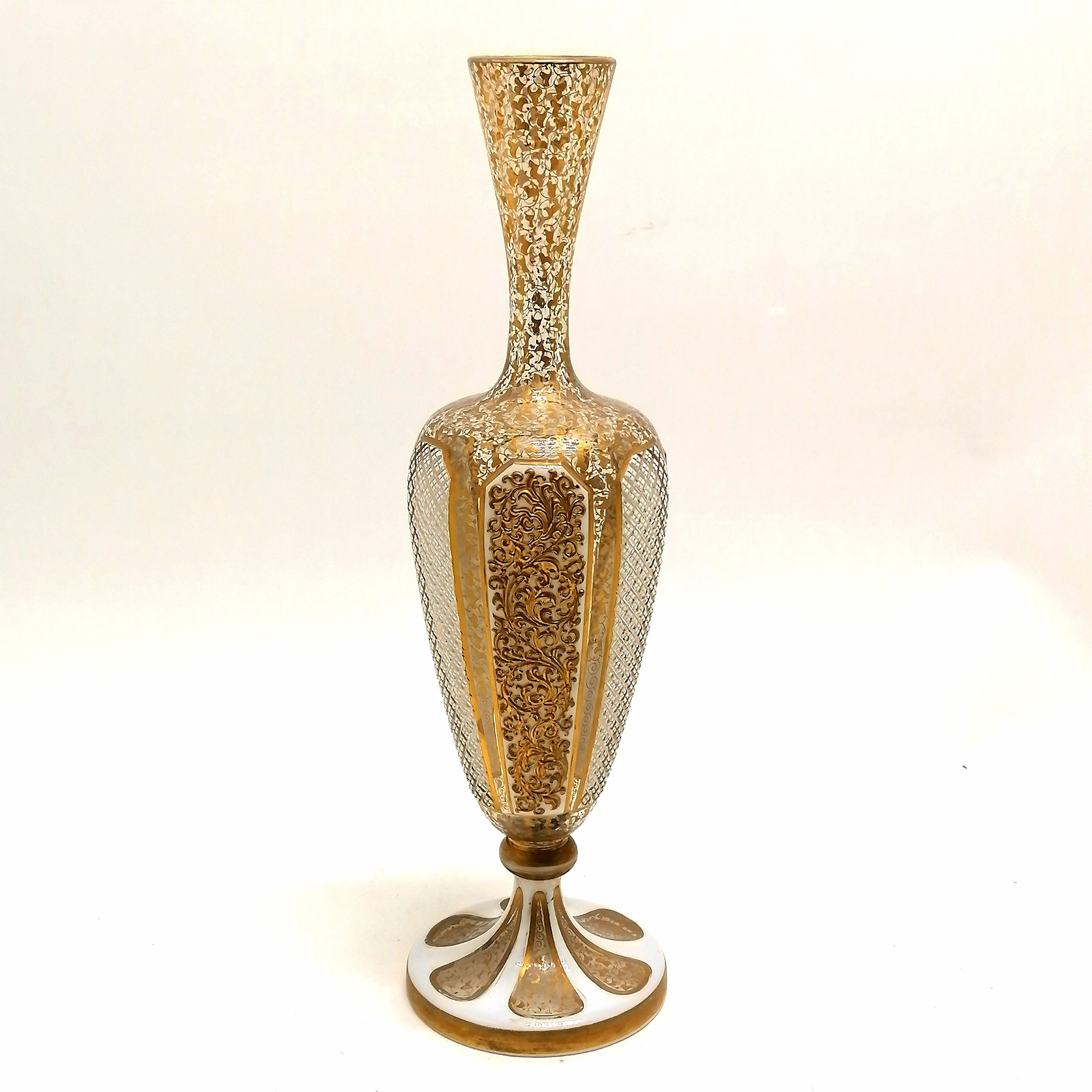 Antique Bohemian overlaid glass vase with profuse gilt decoration & decorative panels - 36cm