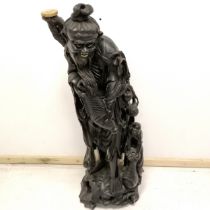 Antique hand carved large Oriental figure of a man holding a fish with his son - 94cm high ~ has