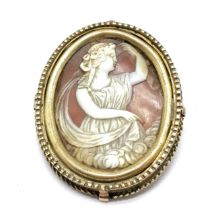 Antique hand carved cameo locket brooch depicting classical figure with garland - 5.5cm drop & has