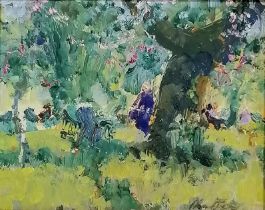 Geoffrey Chatten (b.1938) oil painting on board of Grantchester Orchard - frame 36cm x 41cm ~ the