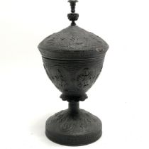 Antique black lacquer lidded pot with high finial detail with profuse decoration - 30cm high ~