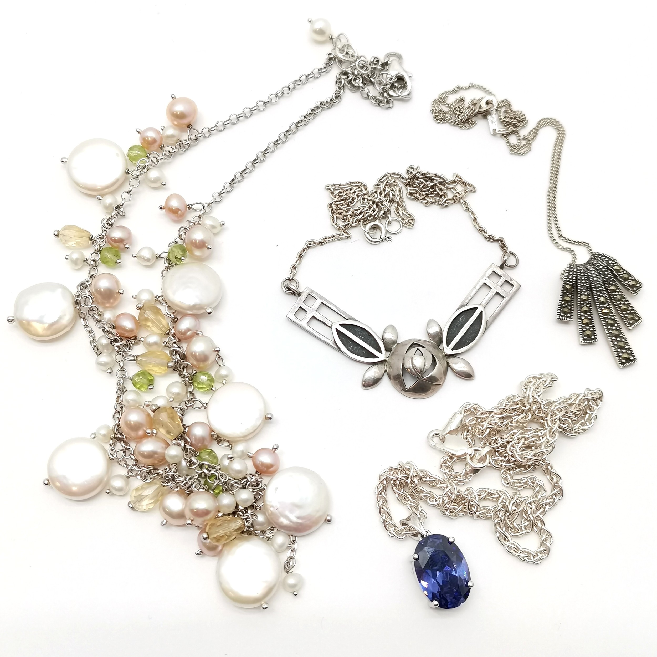 4 x silver necklaces inc Art Nouveau design by K&SH, purple stone set on a 42cm chain, pearl etc - - Image 3 of 5