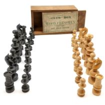 Set of carved wooden chessmen in original "Club" retail box (19cm x 11cm x 7.5cm high) ~ complete