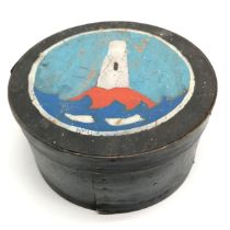 Folk art circular food box with hand painted lighthouse detail to lid - 22cm diameter x 11cm high