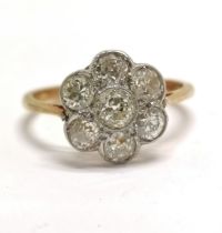 Antique 18ct & platinum marked diamond cluster millegrain set ring - size N & 2.6g total weight & is