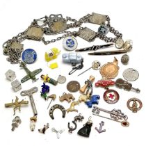 Qty of badges / oddments inc Schuco key, Carfin Grotto novelty camera, enamel bar brooches, aircraft