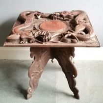 Antique Chinese carved hardwood folding coffee table with 2 x very deeply carved dragon (3 claw)