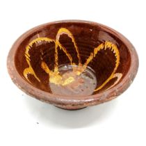 Antique brown & yellow glazed slipware bowl - 31.5cm diameter x 15.5cm high ~ losses to glaze,